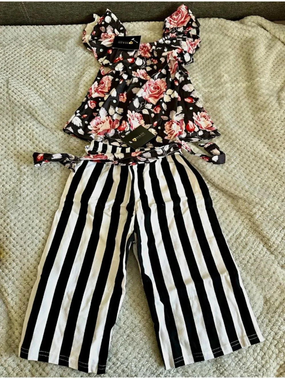 Girls Size 6 Floral Top Striped Wide Leg Pants 2 Piece Set NWT 0517